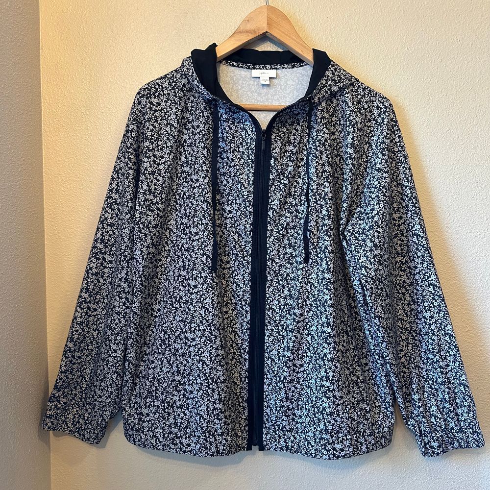J. Jill Fit Black Gray Windbreaker Hood Ditsy Floral Travel Lightweight Medium
